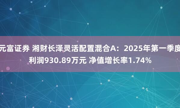 元富证券 湘财长泽灵活配置混合A：2025年第一季度利润930.89万元 净值增长率1.74%